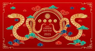 Happy Chinese New Year 2025. Chinese snake gold with clouds on red background for card design. China zodiac lunar calendar animal. Translation happy new year 2025, year of the snake. . vector