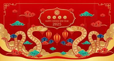 Happy Chinese New Year 2025. Chinese snake gold with clouds on red background for card design. China zodiac lunar calendar animal. Translation happy new year 2025, year of the snake. . vector