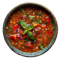 Tomato soup with basil in a ceramic bowl . Red soup . Red vegetable tomato soup top view . Vegan and vegetarian organic soup flat lay png