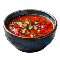 Tomato soup with basil in a ceramic bowl . Red soup . Red vegetable tomato soup top view . Vegan and vegetarian organic soup flat lay png