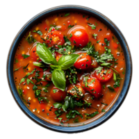 Tomato soup with basil in a ceramic bowl . Red soup . Red vegetable tomato soup top view . Vegan and vegetarian organic soup flat lay png