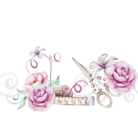 Watercolor seamless border, pattern - vintage sewing tools, scissors, spool of thread, needle, pins, tape measure with flowers. Roses and curl line pattern. Clothes design. Handcraft in retro style png