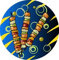 Barbecue on sticks with vegetables and spices on the background of onion rings and blue gradient filling in a circle. illustration colored vegetables and meat on a stick cooked over grilled vector