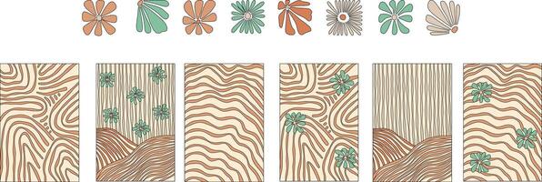 Y2k background. Set of hippie backgrounds with flowers. Background with waves and lines. Twisted and distorted texture in trendy retro style. Y2k aesthetic vector