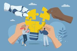 Teamwork with AI, Collaboration of personnel with artificial intelligence, New innovation development, Big hands work with robots to complete light bulb jigsaw puzzles. design illustration. vector