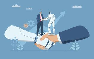Businessman shaking hands with robot, AI, Collaboration of personnel with artificial intelligence, Concept of using modern technology and innovation, Business human and robot hands shake, . vector