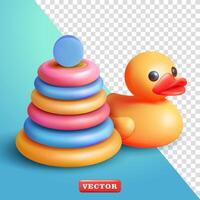 Stacking ring toy and baby rubber duck toy, 3d. Suitable for element design vector