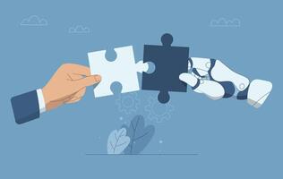 Collaboration of personnel with artificial intelligence, Teamwork with AI, Hand of businessman put together a jigsaw puzzle together with hand of robot, design illustration. vector