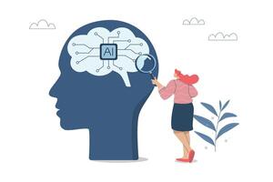 Accurate analysis of data or facts from artificial intelligence, Humans analyze data generated by AI. Businesswoman uses a magnifying glass to look at the complex circuitry in a robot brain, . vector