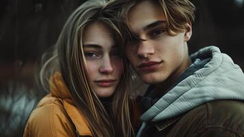young couple in love looking at camera outdoors photo