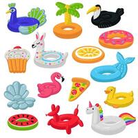Set of swimming circles in the form of donut, Lama, mermaid, cupcake, orange, Toucan, peacock, Palma, Flamingo, cockleshell, watermelon, unicorn, pizza, inflatable dog, duck. Floating animals party. vector