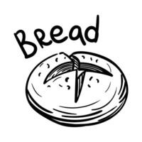 Doodle illustration featuring a loaf of black bread with a black outline, the sweet name bread. Image is handmade with different line thicknesses. Contour illustration for baking in cafes, bakeries vector