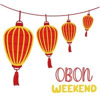 Weekend OBON. Japanese lantern festival Obon on white. A traditional summer festival. Day of the Dead in Japan from August 13-15. Lanterns red yellow they hang a lot in a row with the inscription day vector