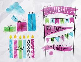 Set of birthday element drawing watercolor on crumpled paper vector