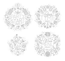 Set of alcohol monograms in flat style drawing with grey lines on white background vector