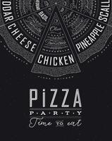 Poster featuring slices of various pizzas, chicken, seafood, pepperoni, cheese, margherita with recipes and names showcased in pizza party time to eat lettering, drawn on a black background. vector