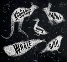 Pen hand drawing tangle wild animals duck, whale, bird, rabbit, kangaroo with inscription names of animals drawing with white ink on black background vector