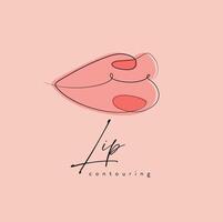 Lips with contouring drawing in linear style on peach background vector