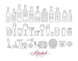 Set of alcohol icons in flat style drawing with grey lines on white background vector