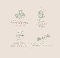Sewing elements skein of thread, thimble, yarn, wool, crochet with lettering drawing in floral style on turquoise background vector