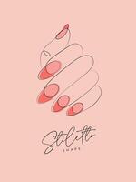 Woman hand with pink stiletto shape nails drawing in linear style on peach background vector