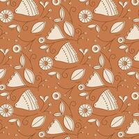 Ethnic floral and bird pattern drawing in linear style on mustard background vector