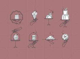 Desserts on cake stand in art deco style labels drawing on coral background vector