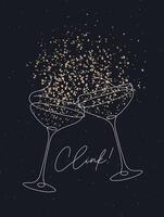 Clink glass of champagne with splash drawing in pen line style on black background vector