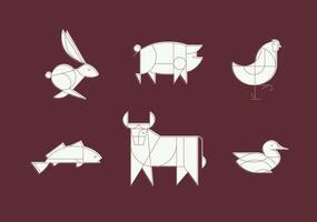 Animals rabbit, pig, chicken, fish, cow, duck drawing in art deco linear style on red background vector