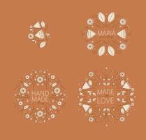 Ethnic floral labels with lettering drawing in linear style on white background vector