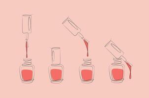 Nails polish bottles and brushes drawing with pink color in linear style on peach background vector