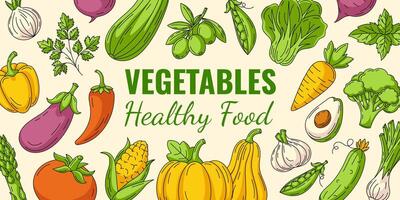 Vegetables background, colorful line veggies icons frame. Fresh and healthy farm products, organic, natural food. Horizontal banner, isolated background, space for text. For poster, menu, flyer vector