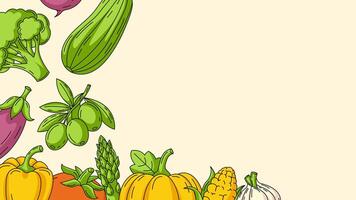 Fresh and healthy farm vegetables, horizontal banner with corner frame of colorful veggies icons. Copy space, isolated background. Organic, natural food. For poster, menu, flyer, card vector
