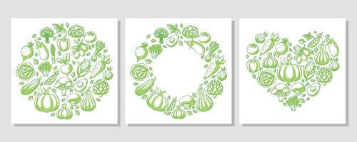 Set of square card heart and round shape form with farm fresh vegetables and greens. Veggies green line icons, isolated background. Organic, natural products. For poster, menu, social media vector
