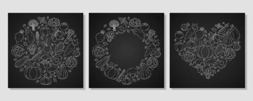 Set of square card heart and round shape form with farm fresh vegetables and greens. Veggies white line icons, isolated dark background. Organic products. For poster, menu, social media vector