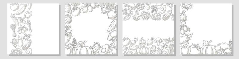 Set of minimal square cards, various border frame, veggies icons. Fresh, healthy farm vegetables. Space for text, isolated background. For poster, banner, menu, flyer, cover, social media vector