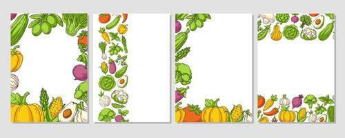 Set of colorful vertical posters a4, various border frame, veggies icons. Fresh, healthy farm vegetables. Space for text, isolated background. For banner, menu, flyer, cover, farmers market vector