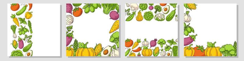 Set of colorful square cards, various border frame, veggies icons. Fresh, healthy farm vegetables. Space for text, isolated background. For poster, banner, menu, flyer, cover, social media vector