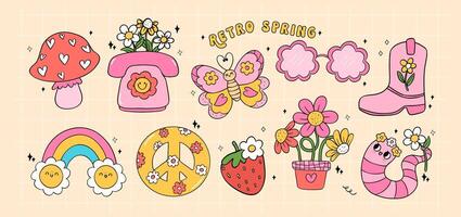 Retro groovy Spring flower power vintage 90s item with flower collection doodle line drawing vector