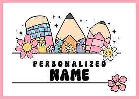 Groovy Retro School Pencil Frame Monogram Name Cartoon Doodle Drawing vector