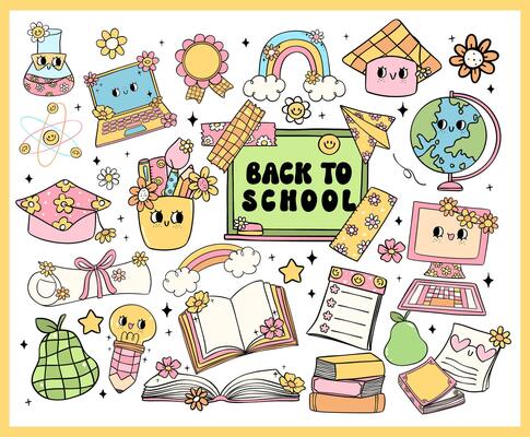 Cute Retro back to school Groovy school supplies elements cartoon doodle drawing collection