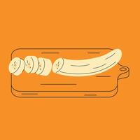 Hand drawn banana on outlined cutting board. Doodle slices of peeled banana vector