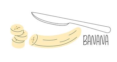 Peeled and sliced banana with outlined knife. Tropical fruit doodle sketch style vector