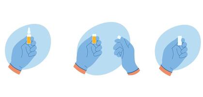 Set of illustrations with doctor hands in rubber glove opened ampoule with liquid for injection. Full, opened and empty ampoule vector