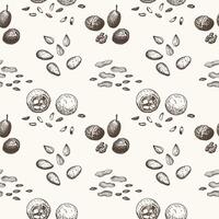 Nuts seamless pattern hand drawn illustration. Repeating background with peanuts, almonds, coconut, walnuts, pecans. Decorative ornament for textile, wrapping, card, label, print, paper vector