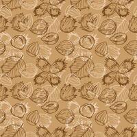 Hazel nut hand drawn seamless pattern. Repeating background with engraved hazelnut in shell, peeled, leaves. Natural healthy food, forest plants, autumn. Floral motif, rapport with texture vector