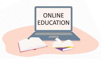 learning online with teleconference, conference remote working on laptop computer, education anywhere concept. flat illustration vector