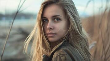 young woman with long blond hair looking at camera photo