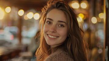 young woman with long brown hair smiling photo