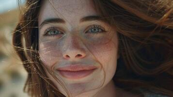 young woman with long brown hair smiling photo